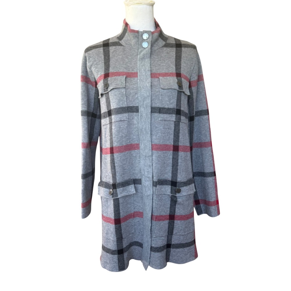 Anne Klein Grey Red Plaid Mock Neck Full Zip Longline Cardigan Sweater Womens M